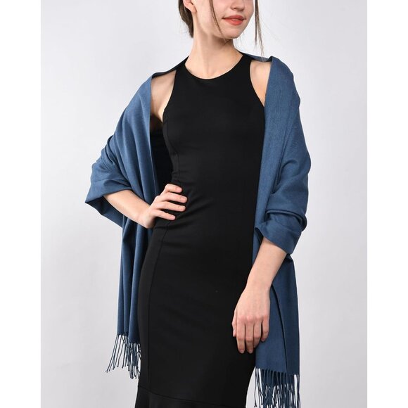 Women's Blue Pashmina Shawl Wraps Cashmere Feel Winter Scarf Soft Warm Blanket - Picture 4 of 5